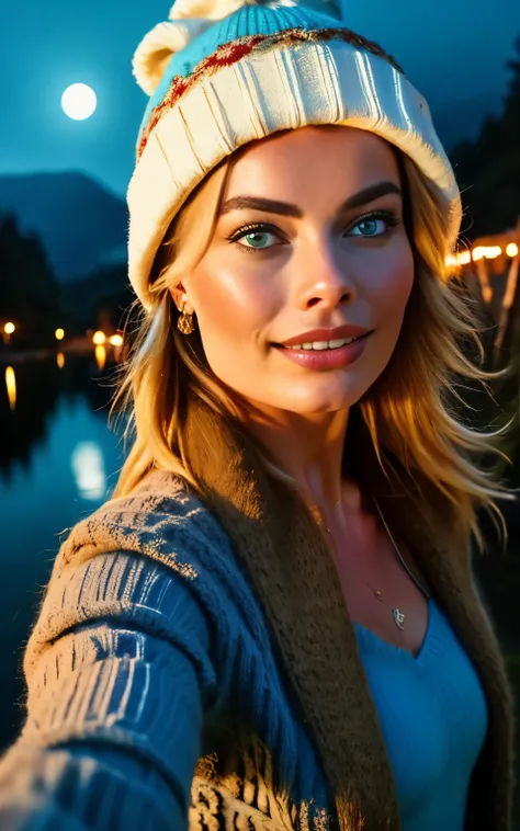 Margot Robbie, photorealistic, best quality, hyper detailed, beautiful woman, selfie photo, upper body, solo, wearing pullover, outdoors, (night), mountains, real life nature, stars, moon, (cheerful, happy), sleeping bag, gloves, sweater, beanie, flashligh...