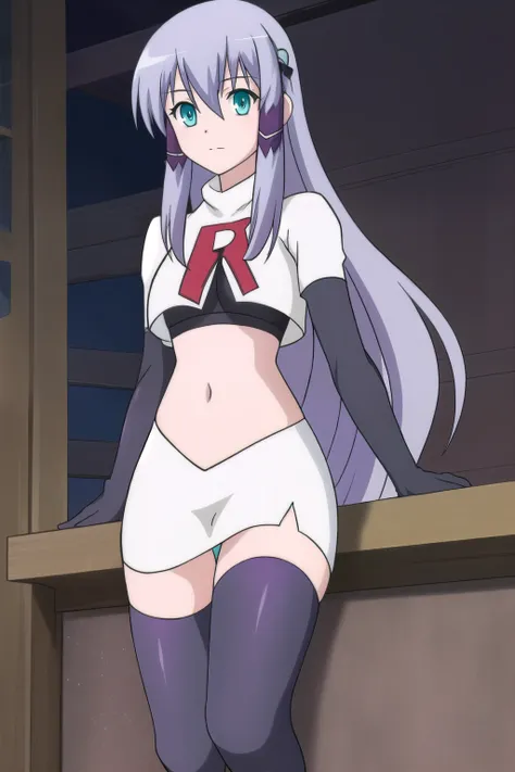 elze, solo, long_hair, breasts, looking_at_viewer, bangs, hair_ornament, ribbon, hair_between_eyes, medium_breasts, very_long_hair, hair_ribbon, grey_hair, sidelocks, aqua_eyes, hair_tubes, light_purple_hair, team rocket,team rocket uniform,white skirt,red...