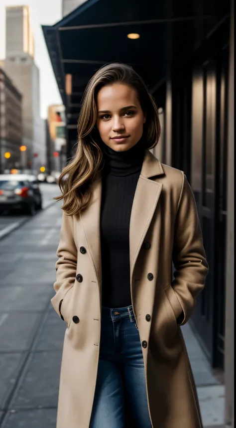 Foto hiperrealista en primer plano de Alicia Vikander, masterpiece, best quality, (photorealistic:1.4), full body, (wearing beige long coat over black turtle neck sweater:1.2), (jeans:1.2), in the New York street, sunny day, cinematic light, beautiful woma...