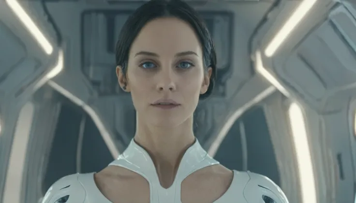 cinematic still of a beautiful alien woman from the front, in a spaceship