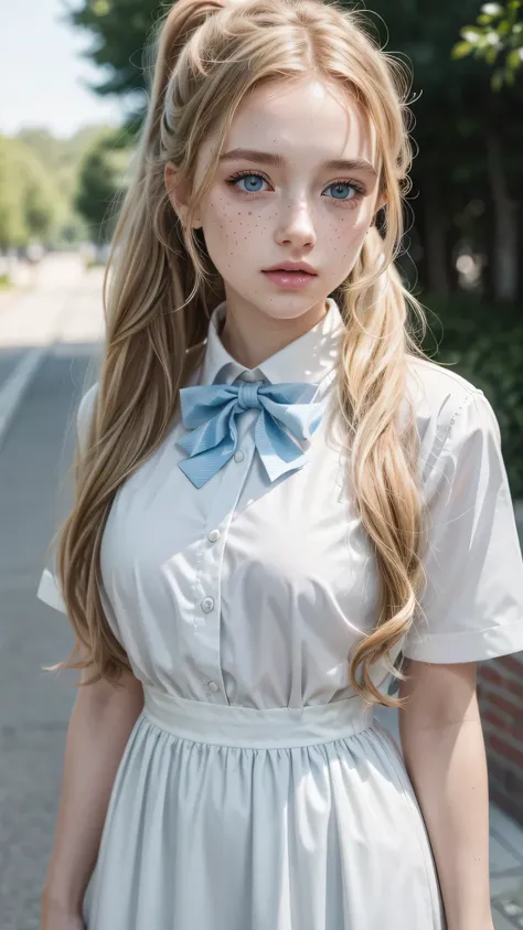 Hyperrealistic 8k Long Curly Blonde Hair，White teenage girl，light blue eyes, with a white blouse and a bow tie，freckles on the cheek, walking，with light skin，The eyes are large, Detail en los ojos, light blue eyes, featured pieces, bright eyes, full body, ...