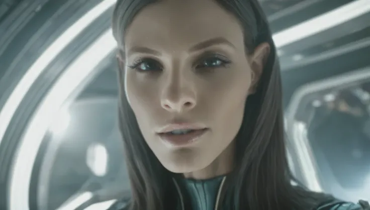 cinematic still of a beautiful alien woman from the front, in a spaceship. Best quality details