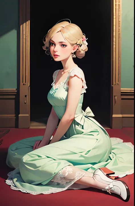 there is a woman sitting on the floor in a dress, a pastel inspired by Alice Prin, tumblr, rococo, rococo dress, # rococo, rococo queen, dress in the style of rococo, rococo fashion, rococo ruffles dress, victorian style costume, victorian inspired clothin...