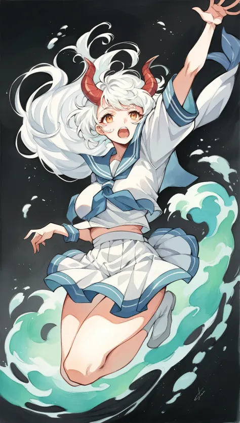 score_9, score_8_up, score_7_up, score_6_up, score_5_up, score_4_up, 1 girl, Alone, watercolor(medium), white hair, horn, Open mouth slightly, Sailor Suit, Floating in the air,big  breasts, Eyes as delicate as the sea, 俯视视horn, Black background.