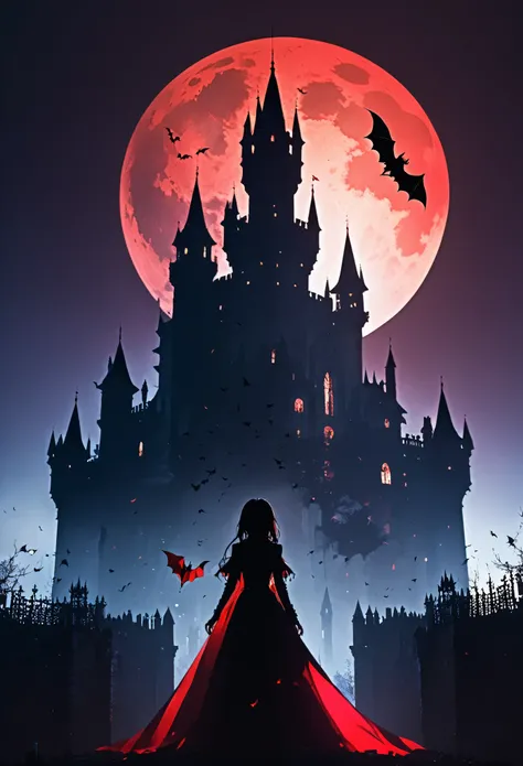 {worst quality, low-quality}, anime style, silhouette, ((Vampire Girl)), Solo, monotony, red moon, double exposure, A flock of bats flying around an old castle illuminated, depth of field, (holographic glow effect), from below, low angle shot, masterpiece,...