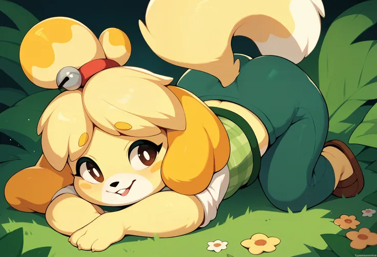 mature, animalcrossing nintendo isabelle　,butt　,on all fours 　furry, yellow hair　, female very young girl, tail　very adorable　to...