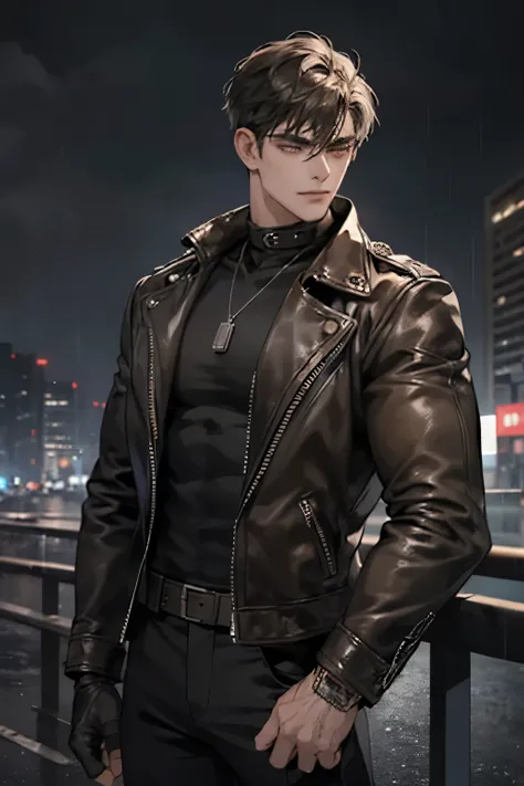 handsome man, black leather jacket, black pants, black fingerless gloves, strong jawline, handsome, silver dogtag necklace, in the rain, rim lighting, moody lighting, night city background, injured, bruised, tired smile.