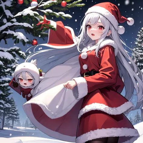 Christmas,snow,Silver Hair,Red Eye,Santa,girl,tree