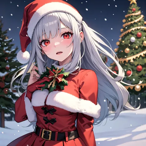 Christmas,snow,Silver Hair,Red Eye,Santa,girl,tree