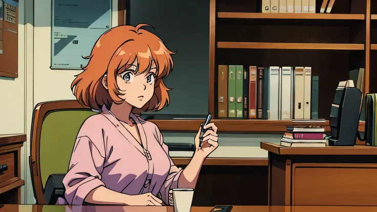 An anime-style character from the 1980s sitting at a cluttered desk in an old-fashioned office with cup of coffee for youtube cover picture