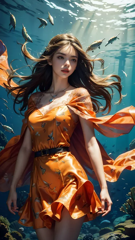 Top quality, masterpiece, ultra high definition, Original photo, 1 Girl, ((soft sardine)), cinematic lighting, very long hair, detailed eyes, small breasts, wind, necklace, piercing, ((big fish dress)), ((fish print clothing)), ((orange dress)), ((soft lac...