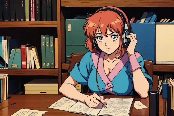 An anime-style character from the 1980s sitting at a cluttered desk in an old-fashioned office with headphone