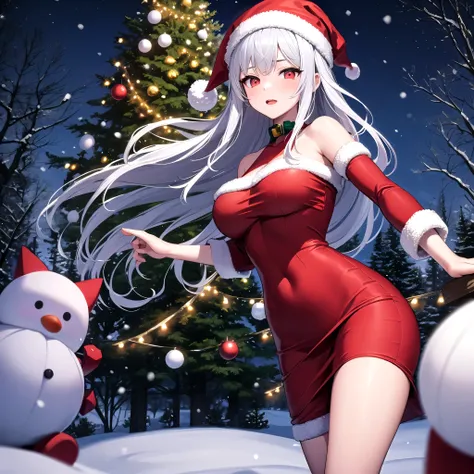 Christmas,night,snow,Silver Hair,Red Eye,Santa,girl,tree,sexy