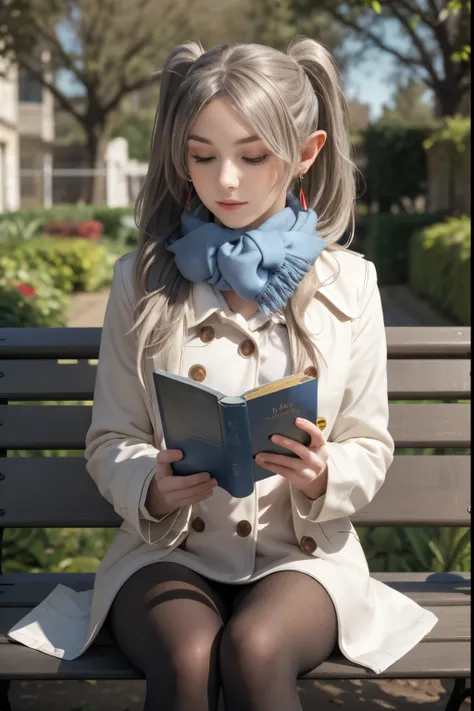 (masterpiece, best quality), 1girl,     Frieren, long hair, twintails, earrings,  long hair, twintails, earrings, blue scarf, white coat, black pantyhose, reading a book, sitting on a bench, mystical garden background