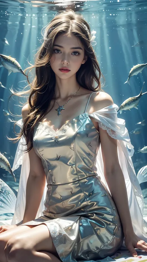 Top quality, masterpiece, ultra high definition, Original photo, 1 Girl, ((soft sardine)), cinematic lighting, very long hair, detailed eyes, small breasts, wind, necklace, piercing, ((big fish dress)), ((fish print clothing)), ((white dress)), ((soft lace...