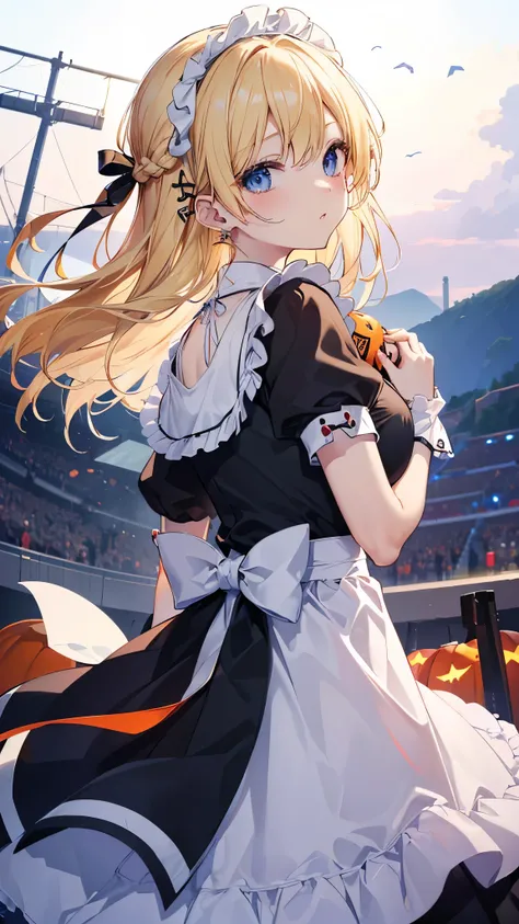 A woman wearing a maid outfit holding a pumpkin　最high quality、Best image quality、masterpiece、With a girl((18 years old、Open-chested maid outfit、Best Bust、、Blonde、Long Hair、blue eyes、Open your chest wide、valley、happiness、Black wristband on wrist、Slender、耳Ni...