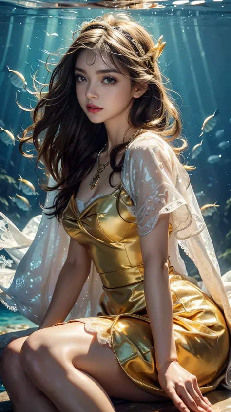 Top quality, masterpiece, ultra high definition, Original photo, 1 Girl, ((soft sardine)), cinematic lighting, very long hair, detailed eyes, small breasts, wind, necklace, piercing, ((big fish dress)), ((fish print clothing)), ((golden dress)), ((soft lac...