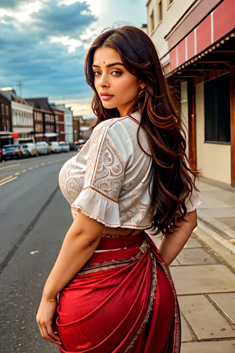 cowboy shot scenic professional photograph of RAW photo, photorealistic, [:intricate details:0.3], best quality, photo of beautiful Aishwarya Rai Bachchan Indian actress 45y old woman, with brown hair, detailed skin, (like a plus size:1.1), (beautiful roun...