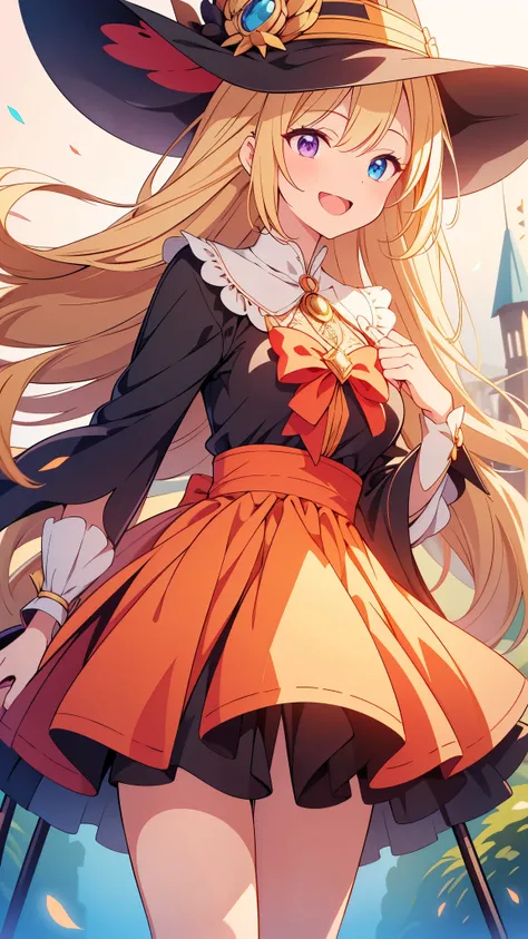 Close-up of a woman wearing a dress and hat and holding a cane ossal Chest,Laughing with your mouth open,Blonde,witch,Magical Girl Costume,Heterochromia,Best image quality,Best Quality