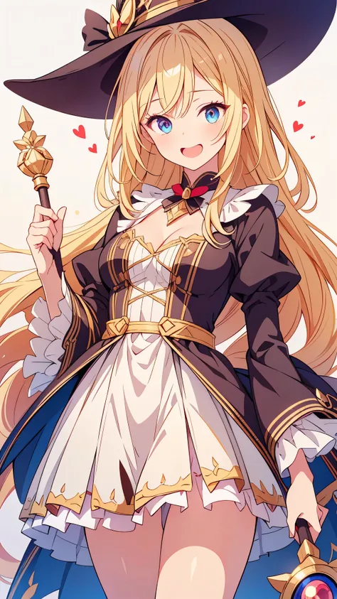 Close-up of a woman wearing a dress and hat and holding a cane ossal Chest,Laughing with your mouth open,Blonde,witch,Magical Girl Costume,Heterochromia,Best image quality,Best Quality