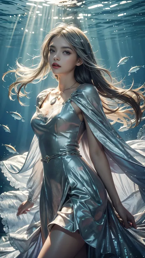 Top quality, masterpiece, ultra high definition, Original photo, 1 Girl, ((soft sardine)), cinematic lighting, very long hair, detailed eyes, small breasts, wind, necklace, piercing, ((big fish dress)), ((fish print clothing)), ((silver dress)), ((soft lac...