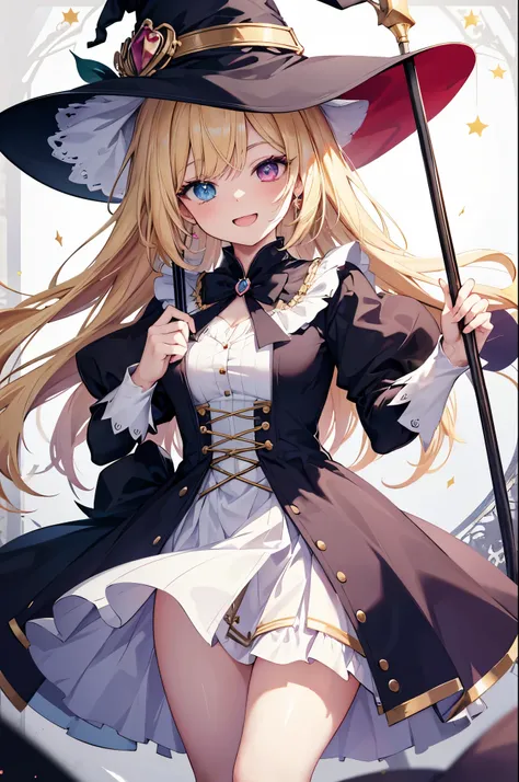 Close-up of a woman wearing a dress and hat and holding a cane ossal Chest,Laughing with your mouth open,Blonde,witch,Magical Girl Costume,Heterochromia,Best image quality,Best Quality