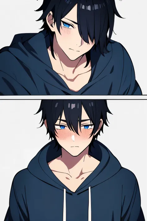 Anime boy black hair and blue eyes with blue hoodie blushing