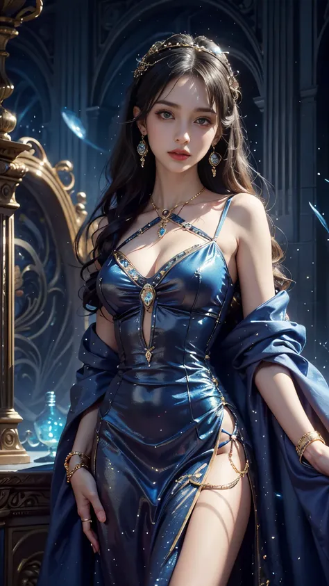 8K ultra hd, masterpiece, best quality, a beautiful girl, long hair, impressive hairstyle, royal hair jewelry, jewellery earrings, antique jewellery, details eyes, beautiful detailed lips, ((gilded hero dress)), (blue dress), ((mesh laces)), ((mesh sardine...