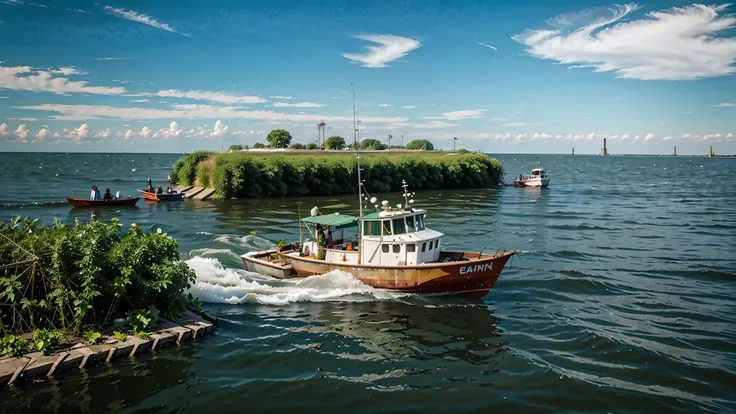 (Bottom of Lake Erie with water, Lush vegetation, fishing boats),
