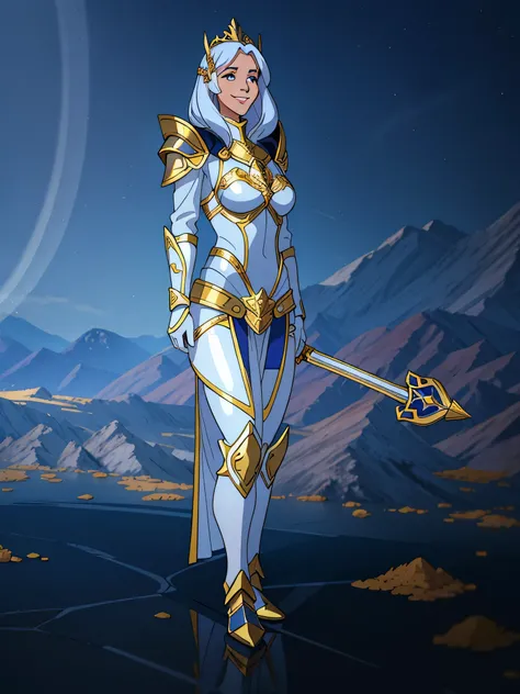 there is a woman in a silver outfit holding a sword, heavy white and golden armor, intricate white and gold armor, clothed in ethereal battle armor, ornate white and gold armour, angelic golden armor, detailed white armor, picture of female paladin, gorgeo...