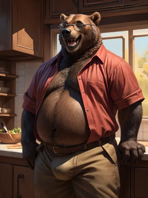 solo, anthro, grizzly bear, male, fat, mature male, grandpa, photorealistic, hyperrealistic, ultra detailed, natural pose, standing, by taran fiddler, by pixelsketcher, big paws, khaki slacks, standing, kitchen background, overweight, front view, red Hawai...