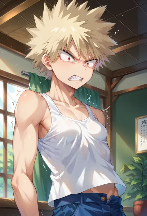 score_9, score_8_up, score_7_up, 1boy, solo, (small breasts:1.5), skinny, androgynous, bakugou,blonde hair,red eyes, (shoulder length hair:1.5), spiked hair, white tank top, blue pants, angry, frown, teeth, shocked, shaking, standing, looking at down, indo...