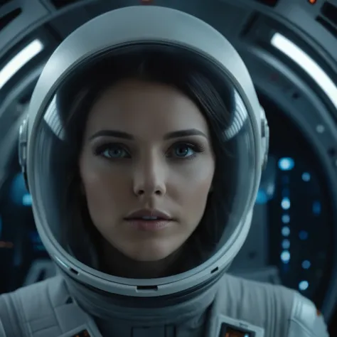 cinematic still of a beautiful woman from the front, in a spaceship, perfect face, perfect eyes, all details, best quality