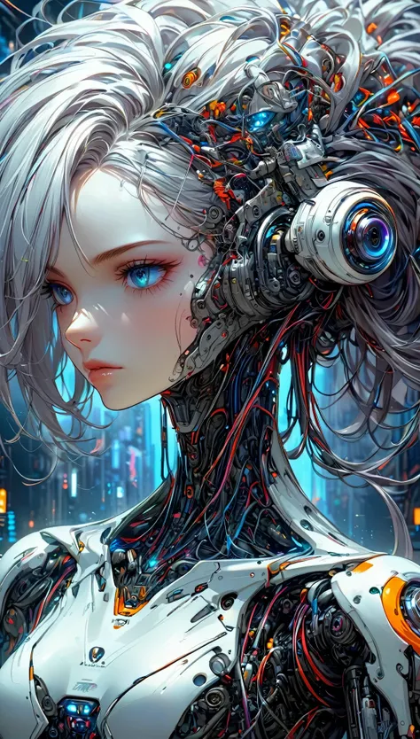 plano general, full body anime style:1.4, a painting of a woman with her head full of wires.., elaborate digital art, intricate ...