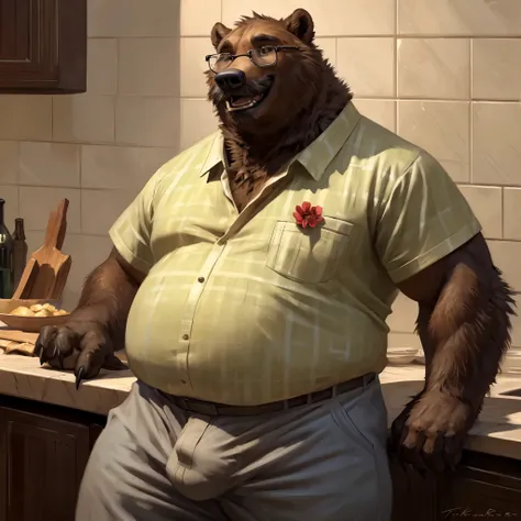 solo, anthro, grizzly bear, male, overweight, mature male, photorealistic, hyperrealistic, ultra detailed, standing, by taran fiddler, by oak, big paws, khaki slacks, standing, kitchen background, chubby, front view, flower shirt, mustache, bushy eyebrows,...