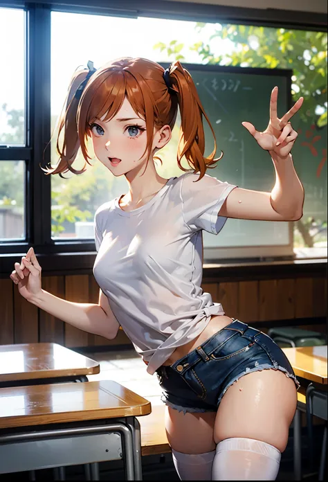 1girl, twin tails ginger hair, in a classroom, sexy pose, blushing, heavy breathing, sweating, white t-shirt, jean shorts, afternoon, hot weather, small breasts, white thigh highs