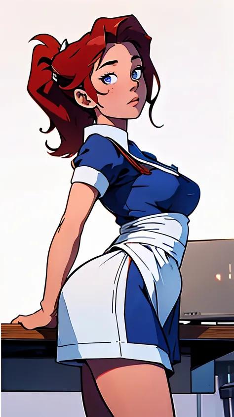 masterpiece, best quality, full body, highest image quality, waitress, looks like Olivia Dunne, bright red hair, ponytail, blue eyes, large breasts, wearing a waitress uniform with apron, White background, empty background, standing, normal pose
