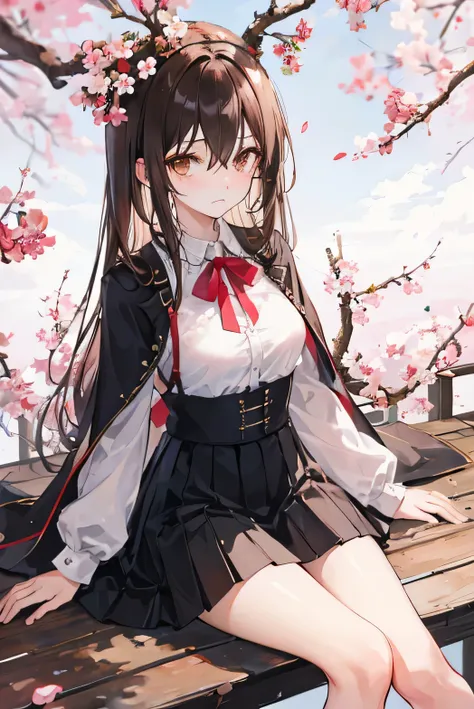 alone ,long shaft,brown eyes looking at the viewer ,long sleeves ,hair between the eyes ,skirt,medium breasts,set in a cherry tree, flowers on the head, with a sad face sitting on the cherry tree ,short black hair
