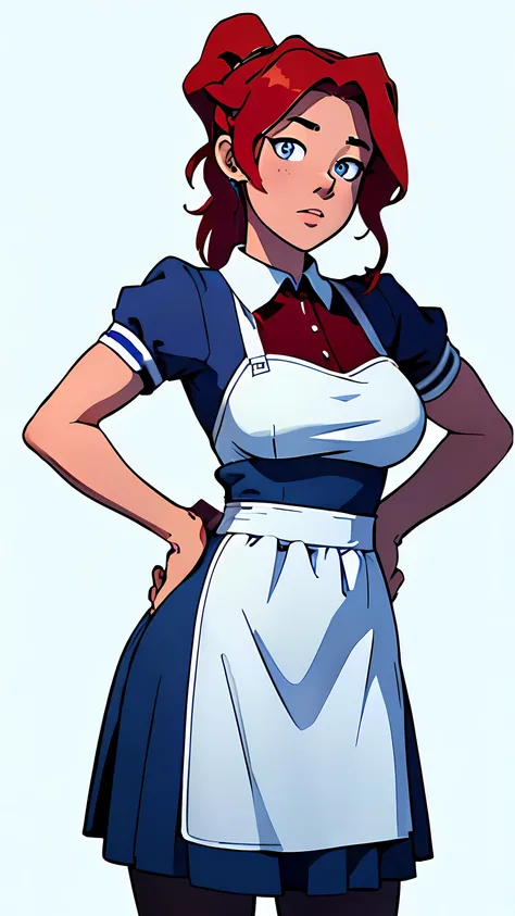 masterpiece, best quality, full body, highest image quality, waitress, looks like Olivia Dunne, bright red hair, ponytail, blue eyes, large breasts, wearing a waitress uniform with apron, White background, empty background, standing, hands on hips