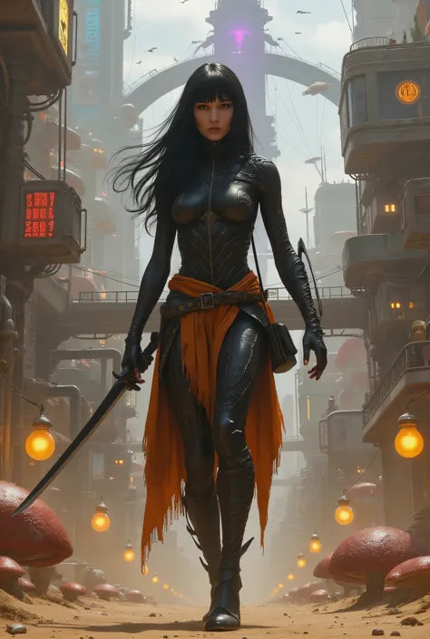 ville cyberpunk avec une tempête de sable, des tuyaux avec des champinnons et des spores rouge sortant. sprawling cables seized the buildings. a mutant woman with long, thick black hair and straight bangs. une visage long ovale. roman nose. munir une lame ...