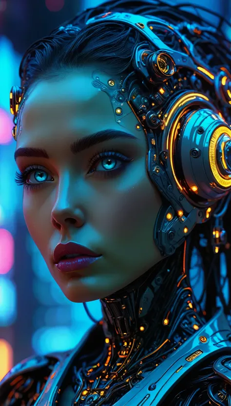 cuerpo entero, plano general:1.5, a cyborg woman, beautiful detailed eyes, beautiful detailed lips, extremely detailed face and skin, long eyelashes, futuristic cybernetic implants, glowing energy effects, intricate mechanical details, neon lights, dark sc...