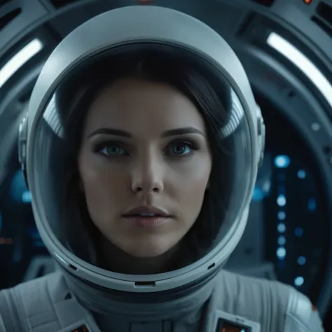 cinematic still of a beautiful woman from the front, in a spaceship, perfect face, perfect eyes, all details, best quality