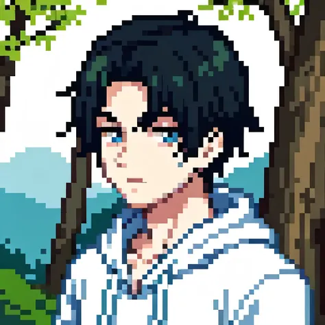 Beautiful green forest, anime Boy, pale skin, black hair, blue eyes, wearing a white hoodie.