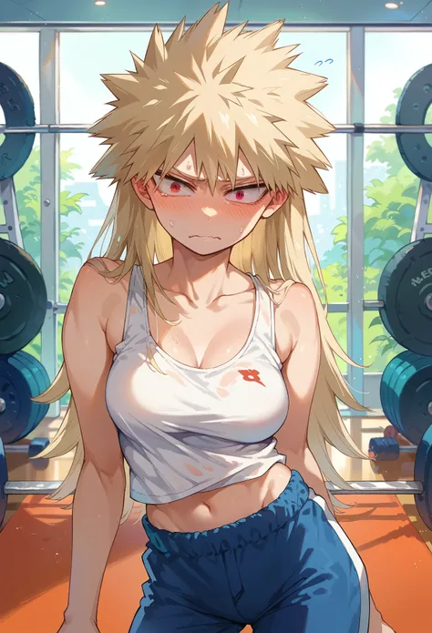 score_9, score_8_up, score_7_up, 1girl, solo, female focus, female body, skinny, bakugou, blonde hair,red eyes, long hair, white tank top, oversized tank top, midriff, blue pants, nervous, nervous pose, posing, standing, looking at you, in gym