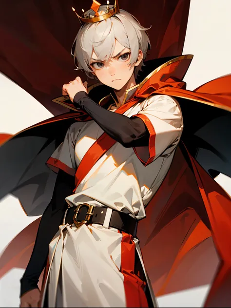 1male , Ceasar Crown , Short Hair , Grey Hair , Black Eyes , Combat Clothing , Sash Belt , White T-Shirt , Fitted Arm Sleeve , Serious Expression , Red Fur Cape 