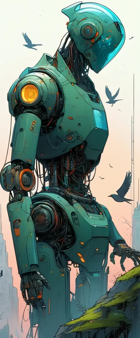 high quality hd 4k color flat drawing by moebius: close-up of a giant robot looking at a bird held in its hand , (clear glass he...