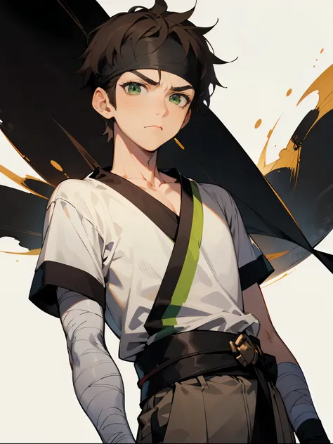 1male , Metal Headband, Short Hair , Blackish Brown Hair ,  Green Eyes , Unique Clothing , Sash Belt , Black Sash Belt, One Bandaged Arm, White T-Shirt , Fitted Full-Arm Sleeve , Serious Expression , 