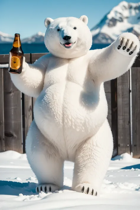 realistic polar bear with happy look and a bottle of beer in his hand