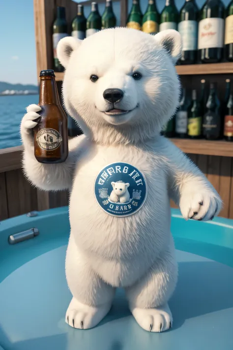 realistic 3d polar bear with happy and cute appearance. drinking a bottled beer