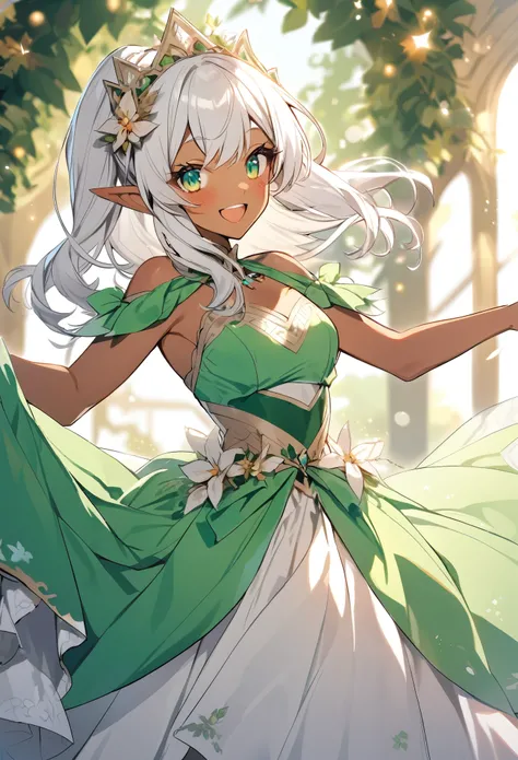 ((Dark Skin)),((Elf Woman)),((White Hair)),((Green Eyes)), ((Princess dress)),((Cheerful))